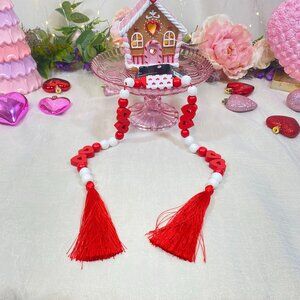 Valentine's Day Red Beads & Hearts Wood Garland With Tassels Table Decor New